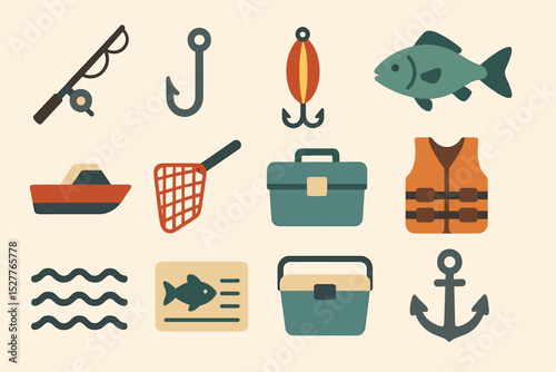 Fishing gear icons: rod, hook, boat, fish, tackle box, anchor, life jacket, net
