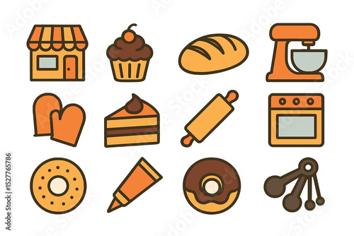 Colorful bakery icons set featuring bread, cake, oven, mixer, and utensils