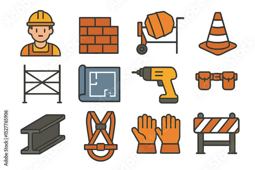 Construction icons: worker, tools, blueprints, safety gear, equipment