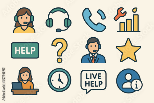 Customer support icons: headset, call center, live help, assistance tools, communication