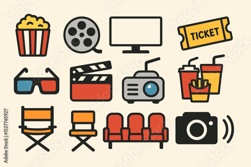 Cinema icons: popcorn, projector, tickets, seats, 3d glasses, camera