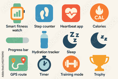 Digital fitness icons: smart watch, step counter, heartbeat app, hydration, sleep, gps, trophy