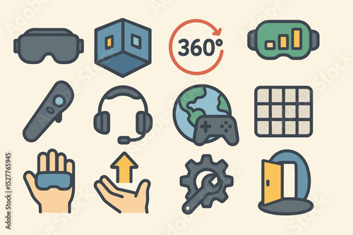 Virtual reality icons set: immersive technology and gaming elements