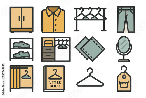 Clothing and closet icons: wardrobe, hangers, shelves, shoes, mirror, style book