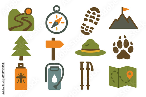 Colorful hiking and camping icons featuring compass, boot, and mountain