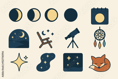 Celestial symbols: moon phases, telescope, and sleeping fox illustrations