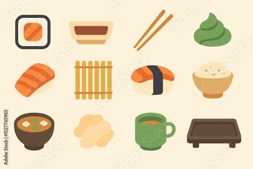 Japanese cuisine icons: sushi, chopsticks, rice, miso soup, green tea