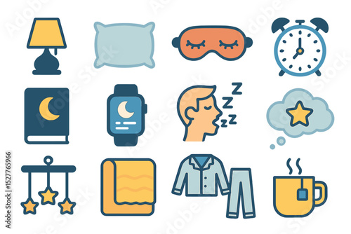 Sleep essentials icons: pillow, alarm, pajamas, sleep mask, dreaming