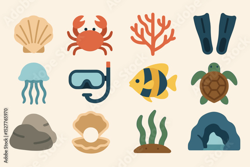 Colorful marine icon set featuring sea creatures and diving gear