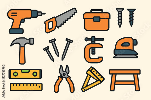 Colorful hand tools icons: drill, saw, hammer, toolbox, screws, clamp, level, pliers