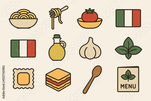 Italian cuisine icons: pasta, tomato, olive oil, garlic, basil, flag, menu