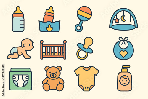 Baby essentials: toys, bottles, clothing, and nursery items illustrated set