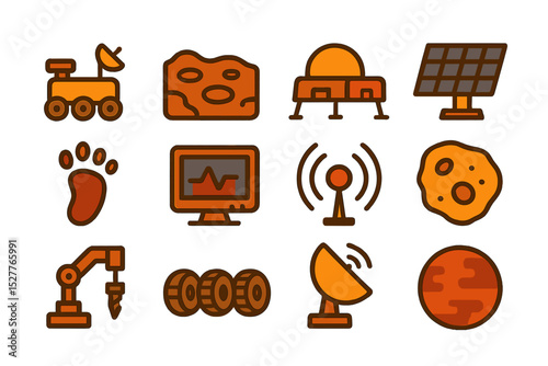 Collection of mars exploration icons featuring rovers, communication equipment, and planetary symbols