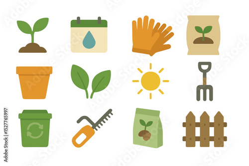Colorful gardening icons featuring tools, plants, and environment symbols