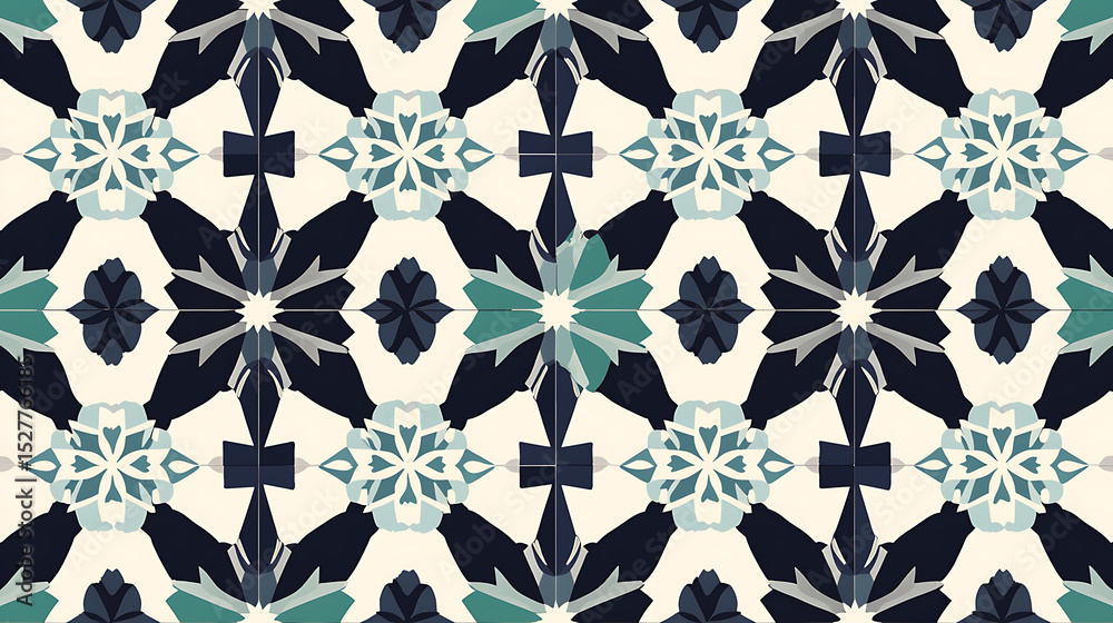 Fototapeta premium A dynamic seamless pattern features repetitive floral and geometric motifs in contrasting shades of blue and teal on a light cream background.