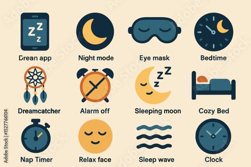 Sleep icons set: dream app, night mode, eye mask, cozy bed, alarm off