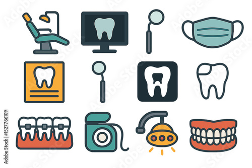 Dental care icons collection featuring tools, teeth, and equipment