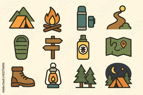 Outdoor adventure icons set: camping, hiking, and nature exploration symbols