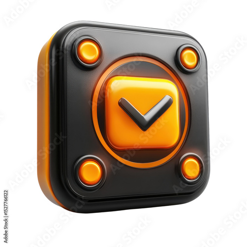 3D Checkmark Icon Glossy Orange Button Black Border Approval Success on transparent background