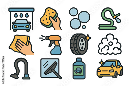 Car wash and detailing icons featuring sponge, soap bubbles, vacuum, and spray bottle