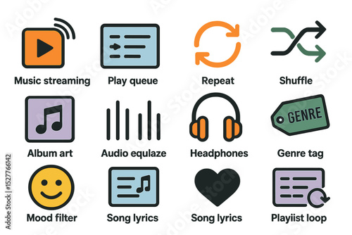 Music streaming icons with playlist, audio equalizer, and genre tags