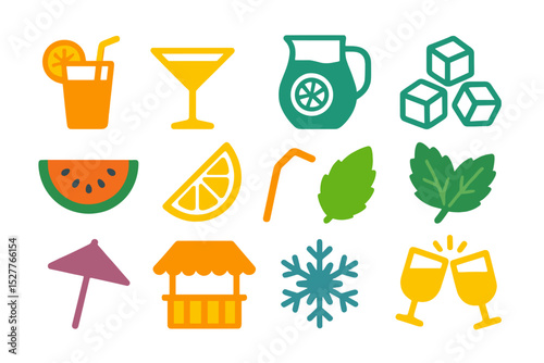 Colorful summer cocktail icons with refreshing symbols on yellow background