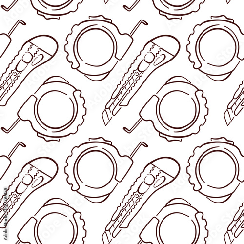 Seamless pattern with utility knife and measuring tape in line art style on white background. Perfect for construction store packaging, tool themed print and hardware shop branding.
