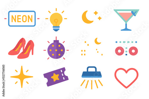 Vibrant neon icons featuring shoes, heart, cocktail, star, and headphones