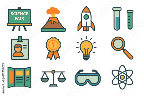 Science fair icons set featuring rocket, volcano, test tubes, and more