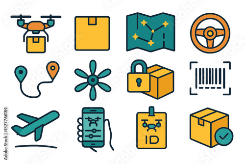 Delivery and navigation icons featuring drones, maps, boxes, and imagery