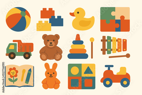 Colorful collection of children's toys: blocks, duck, teddy, and more