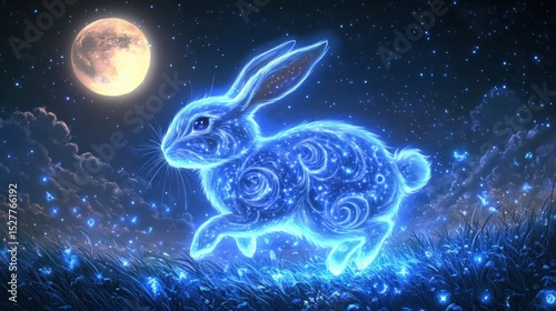 Glowing rabbit silhouette in starry night landscape.