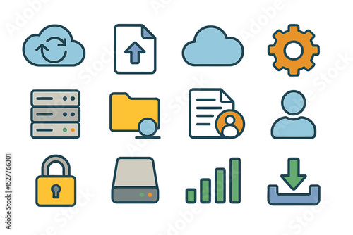 Colorful technology icons depicting cloud storage, settings, and data management