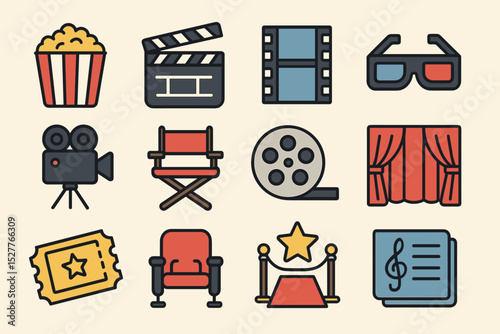 Cinema icons set: popcorn, movie reel, filmstrip, camera, 3d glasses, director's chair