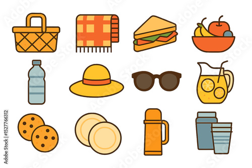 Colorful picnic essentials: basket, blanket, sandwich, fruits, and refreshments