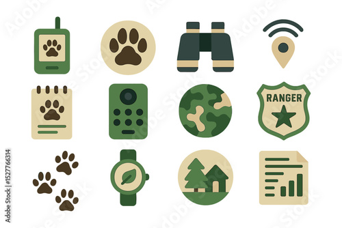 Wildlife conservation icons: ranger badge, paw print, binoculars, eco watch, forest essentials