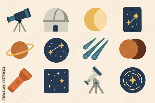 Astronomy elements: telescope, observatory, planets, constellations, celestial bodies