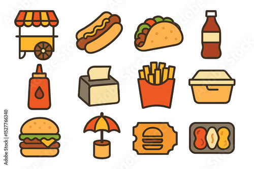 Series of colorful fast food icons including hot dog, taco, and burger illustrations
