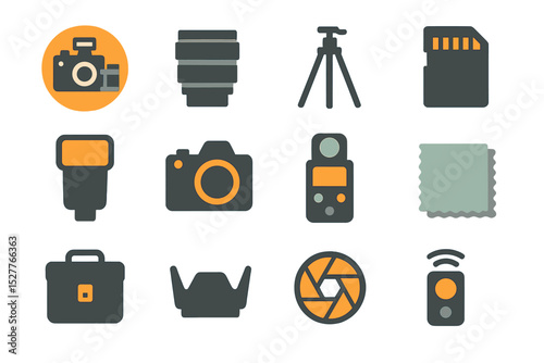Photography equipment icons: camera, lenses, tripod, memory card, flash, shutter