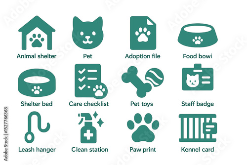 Pet care icons: animal shelter, adoption, toys, and safety symbols
