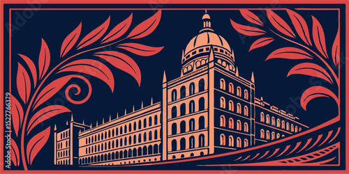 Seamless relief sculpture decoration retro pattern dark navy blue and red background. Ideal for greeting card or backdrop template design vector illustration.