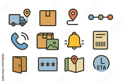 Logistics and delivery icons: truck, package, location, notification, map