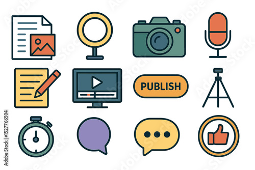 Multimedia tools and icons for content creation on a yellow background
