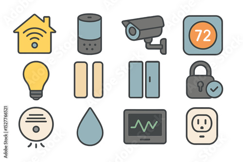 Smart home technology icons: security, automation, monitoring, control systems