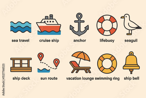 Nautical icons: cruise, anchor, lifebuoy, seagull, sun route, vacation lounge
