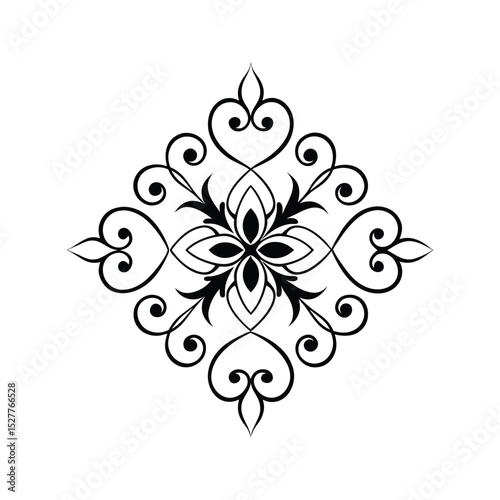 Elegant symmetrical black and white floral ornament design perfect for decorative purposes.
