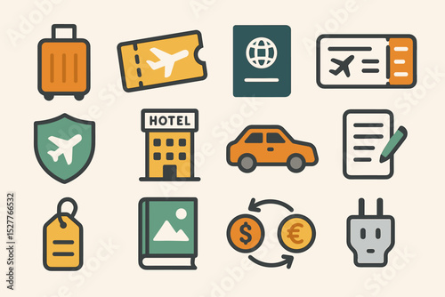 Travel essentials icons: passport, luggage, ticket, hotel, car, currency exchange