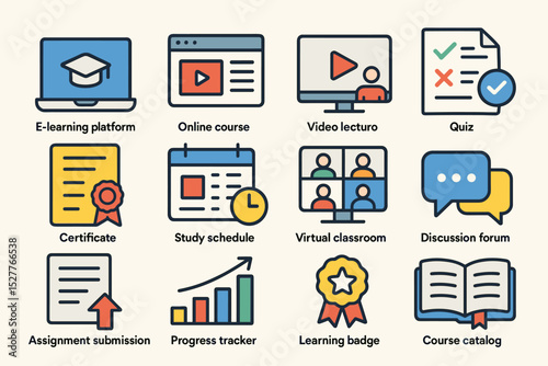 E-learning platform icons: online courses, virtual classrooms, quizzes, certificates
