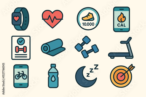 Fitness and health icon set featuring gadgets, exercise, and wellness symbols