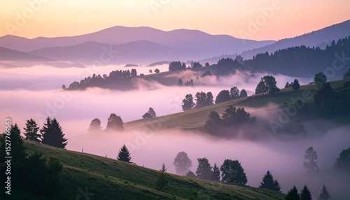 Pale lilac mist rolling through quiet hills, muted light softening tree silhouettes in a serene early morning haze